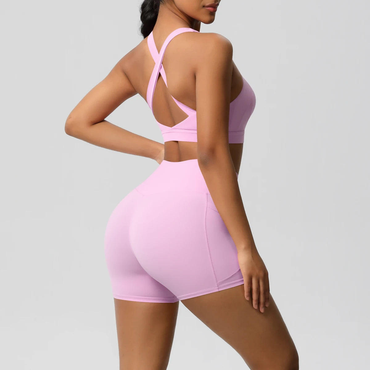 2PCS Sportswear With Pocketed Yoga Set Gym Clothes Yoga Suits For Women Tracksuits Sports Shorts Crossover Bra Gym Leggings