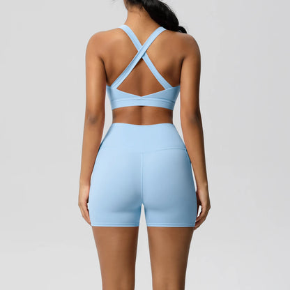 2PCS Sportswear With Pocketed Yoga Set Gym Clothes Yoga Suits For Women Tracksuits Sports Shorts Crossover Bra Gym Leggings