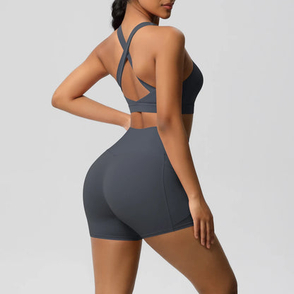 2PCS Sportswear With Pocketed Yoga Set Gym Clothes Yoga Suits For Women Tracksuits Sports Shorts Crossover Bra Gym Leggings