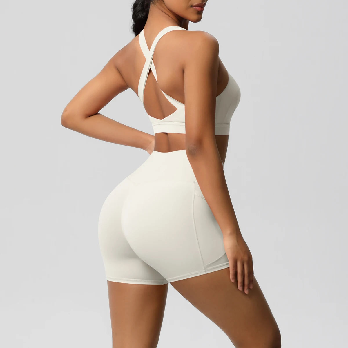 2PCS Sportswear With Pocketed Yoga Set Gym Clothes Yoga Suits For Women Tracksuits Sports Shorts Crossover Bra Gym Leggings