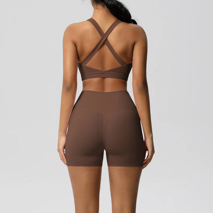 2PCS Sportswear With Pocketed Yoga Set Gym Clothes Yoga Suits For Women Tracksuits Sports Shorts Crossover Bra Gym Leggings