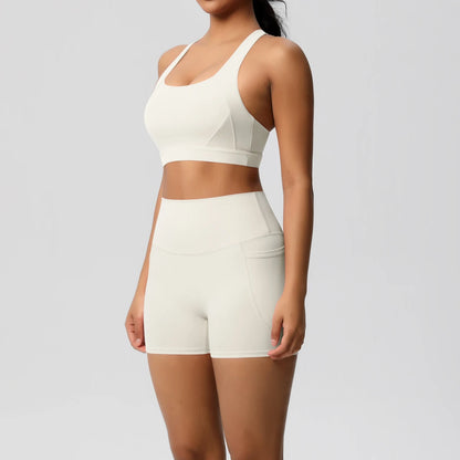 2PCS Sportswear With Pocketed Yoga Set Gym Clothes Yoga Suits For Women Tracksuits Sports Shorts Crossover Bra Gym Leggings