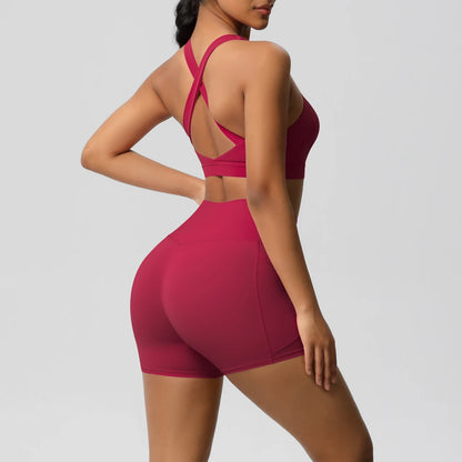 2PCS Sportswear With Pocketed Yoga Set Gym Clothes Yoga Suits For Women Tracksuits Sports Shorts Crossover Bra Gym Leggings